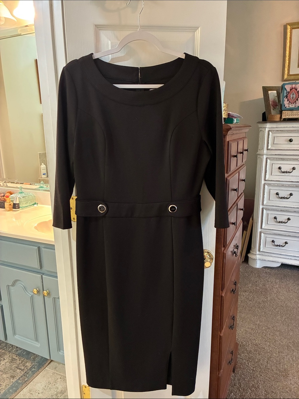 NWT New York & Co Classic Black Stretch Ponte Knit Waist Tab Dress SZ M
